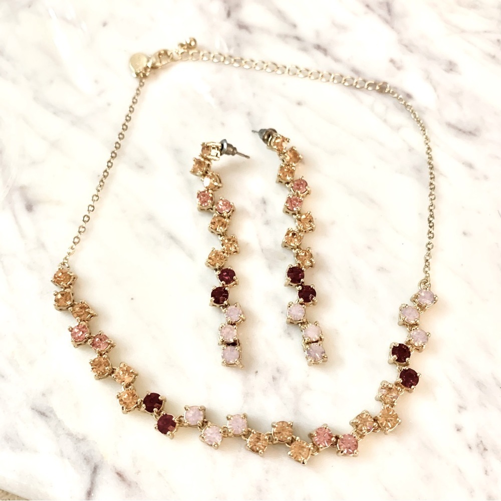 Pink Red Crystals Gold Choker Necklace and Earrings Set